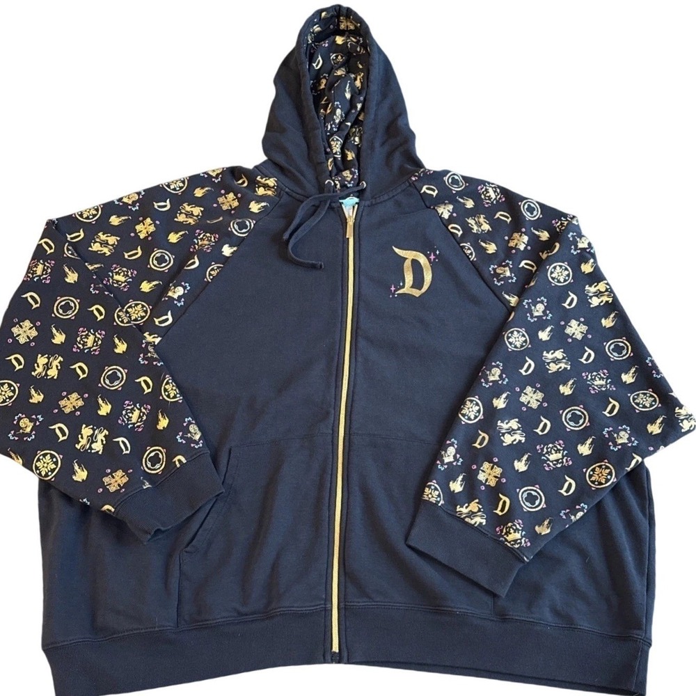 Disney Parks Disneyland Zip Hoodie 2XL Black Gold Foil Castle Vacation Cozy - Picture 4 of 16